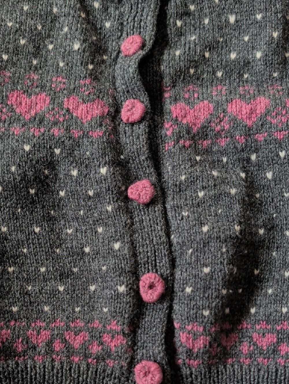 Woolies Women's Charcoal Gray Knit Cardigan with Pink Heart Accents - Picture 4 of 5